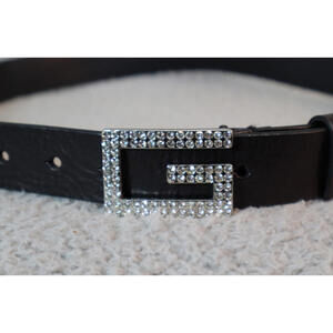 Black Leather Belt Women Large “G” Rhinestone Buckle y2k